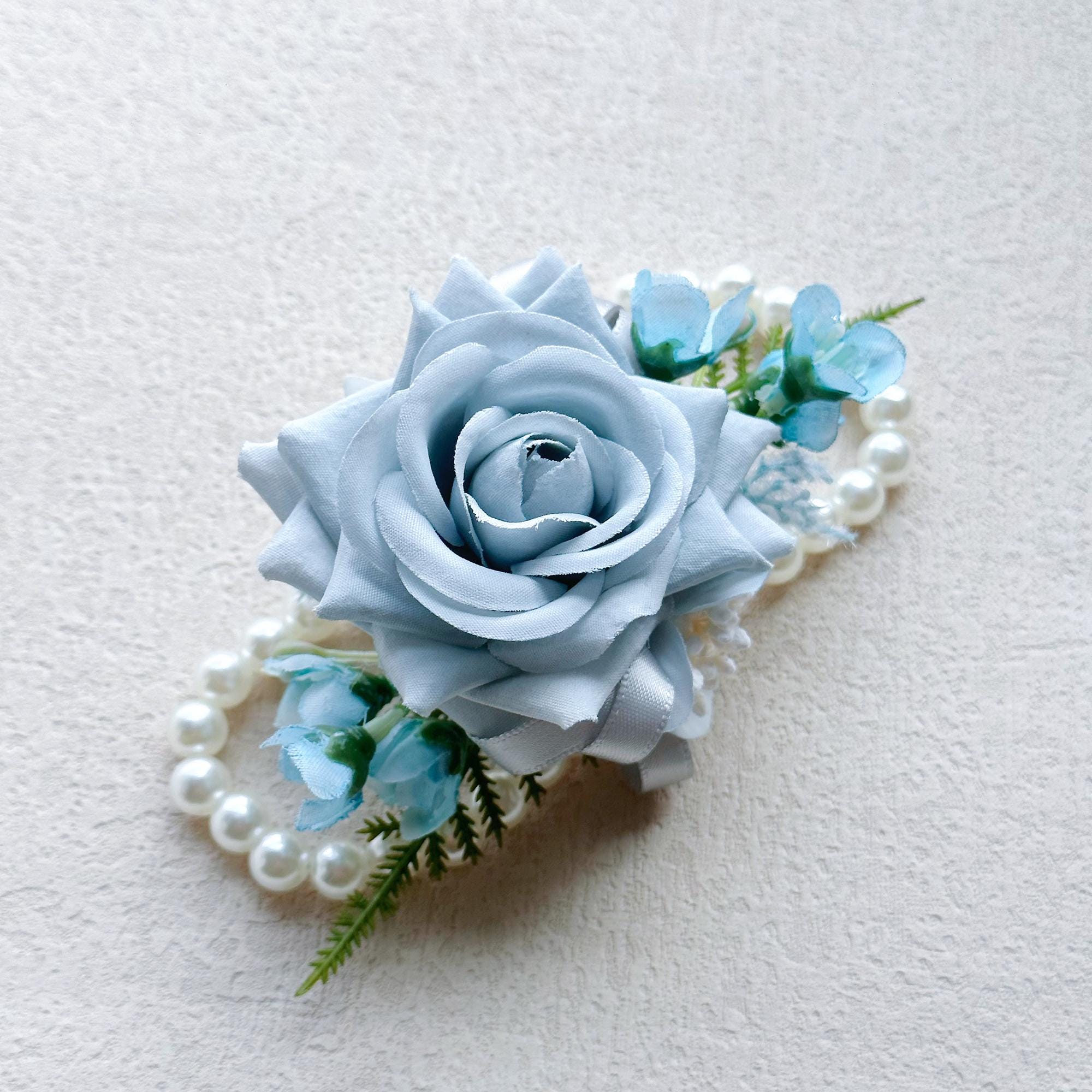 Dusty Blue Rose Wrist Corsage for Boho Wedding, Teal Flower Girl Wristlet, Gray Prom Corsage, Groom Boutonniere, Bridesmaid Corsage Gift