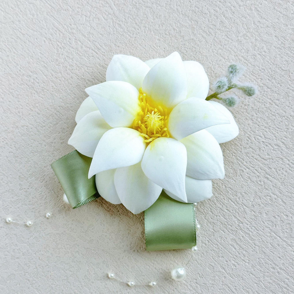 Sage Green Ribbon Magnolia Wrist Corsage for Boho Wedding,Flower Girl Wristlet,White Prom Corsage,Groom Boutonniere, Bridesmaid Corsage Gift