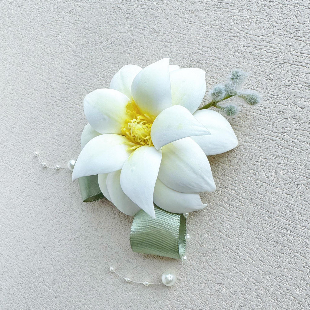 Sage Green Ribbon Magnolia Wrist Corsage for Boho Wedding,Flower Girl Wristlet,White Prom Corsage,Groom Boutonniere, Bridesmaid Corsage Gift