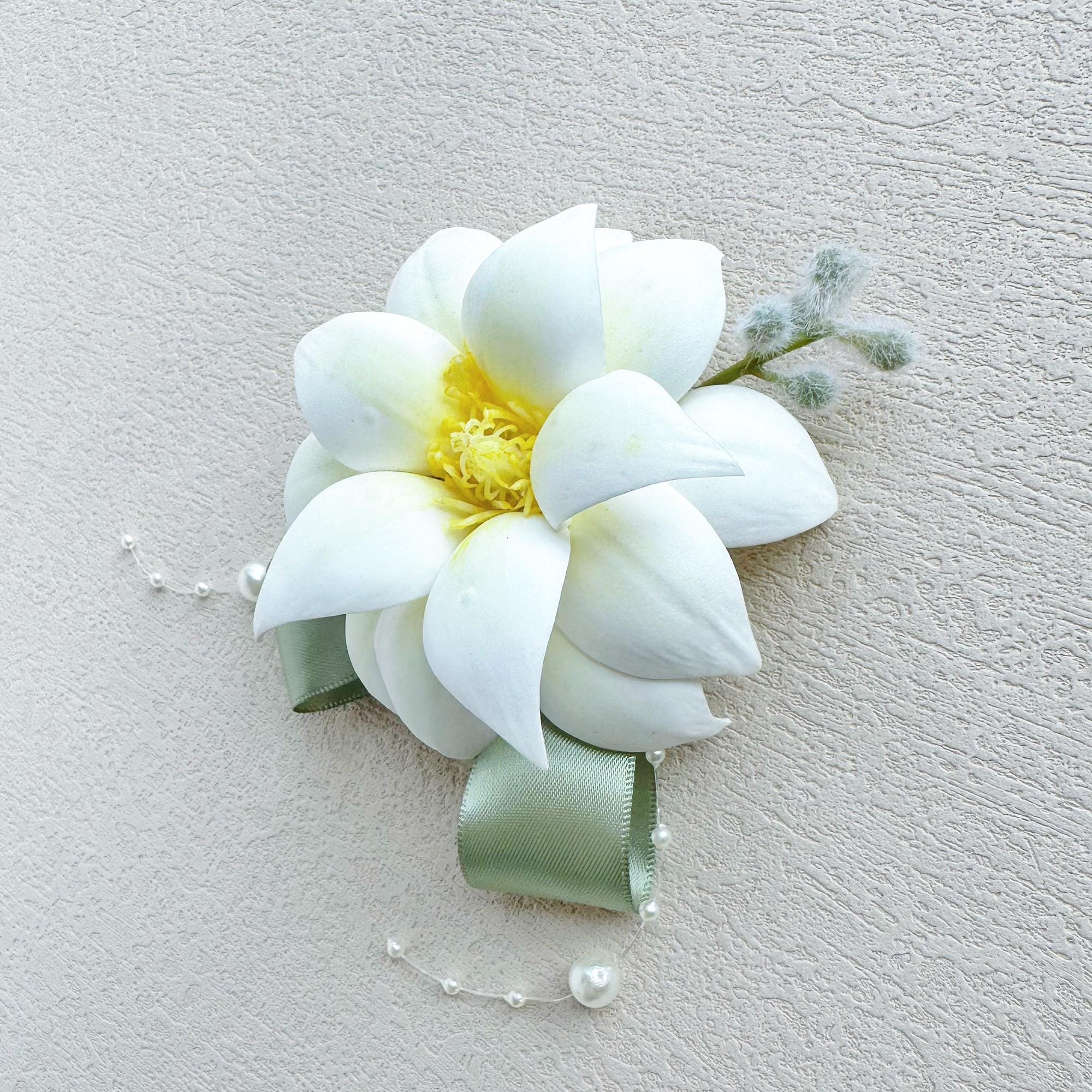 Sage Green Ribbon Magnolia Wrist Corsage for Boho Wedding,Flower Girl Wristlet,White Prom Corsage,Groom Boutonniere, Bridesmaid Corsage Gift