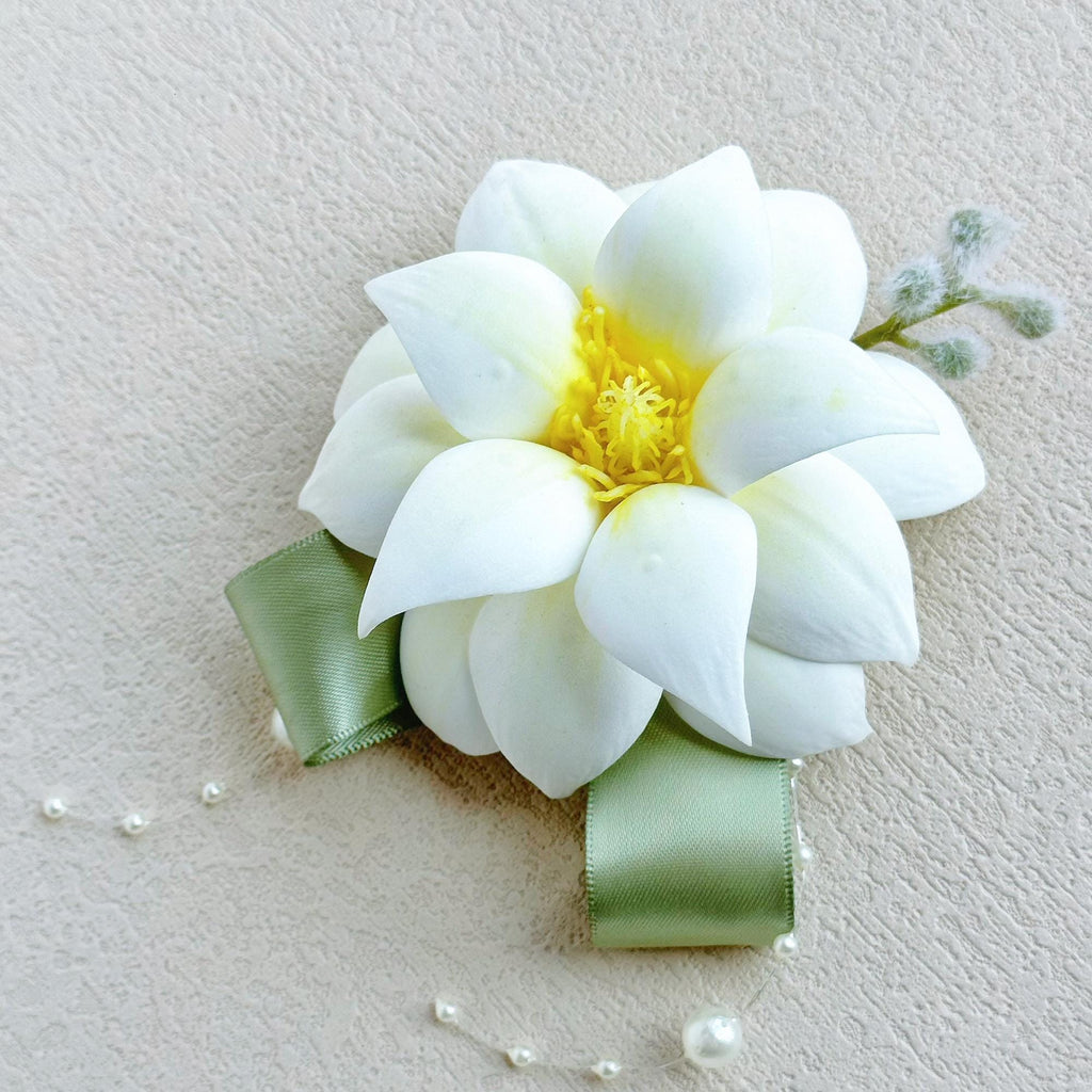 Sage Green Ribbon Magnolia Wrist Corsage for Boho Wedding,Flower Girl Wristlet,White Prom Corsage,Groom Boutonniere, Bridesmaid Corsage Gift
