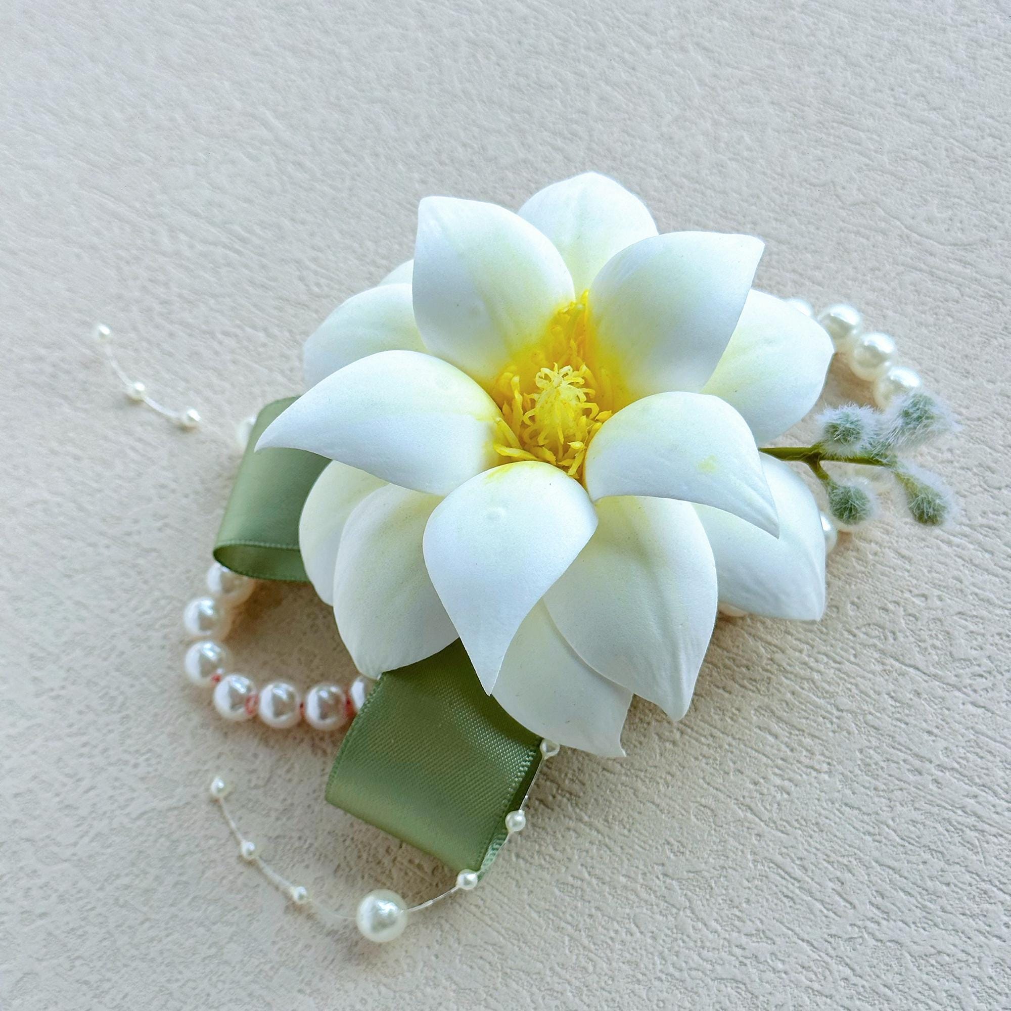 Sage Green Ribbon Magnolia Wrist Corsage for Boho Wedding,Flower Girl Wristlet,White Prom Corsage,Groom Boutonniere, Bridesmaid Corsage Gift
